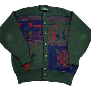 Giesswein Sweater Men Medium Green Blue Cardigan Wool Aztec Colorblock Adult *